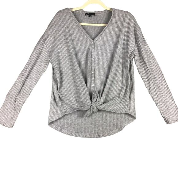 Gibson Womens Size Small Gray Thermal Waffle Knit  Button-Down Tie Front Top - Picture 7 of 14